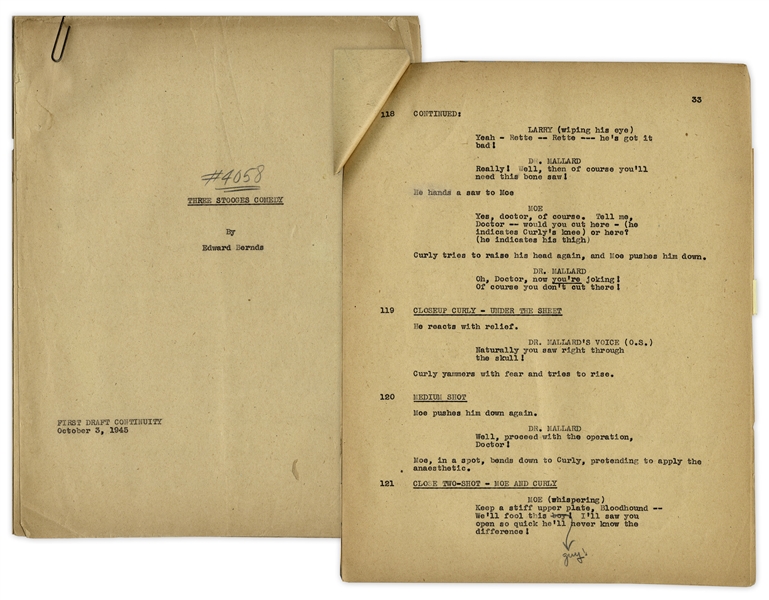 Moe Howard's 41pp. Script Dated October 1945 for The 1946 Three Stooges Film ''Monkey Businessmen'' -- With Annotations in Moe's Hand -- Unbound ''First Draft Continuity'' Script -- Very Good